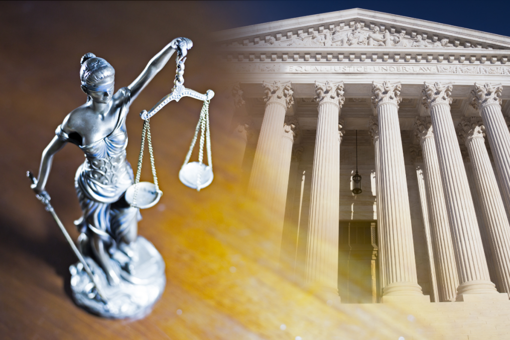A metallic Lady Justice statue standing beside a superimposed image of the United States Supreme Court building.