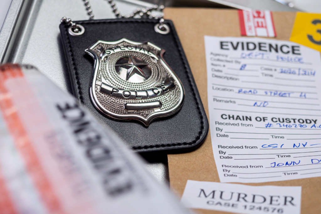 A Special Police badge resting on an evidence bag and a case file labeled Murder Case 124576.